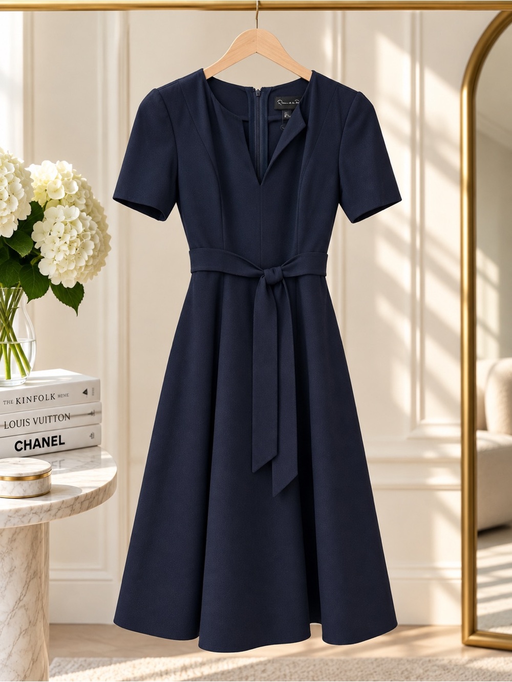 Oscar de la Renta Navy Virgin Wool Belted Midi Dress Size 2